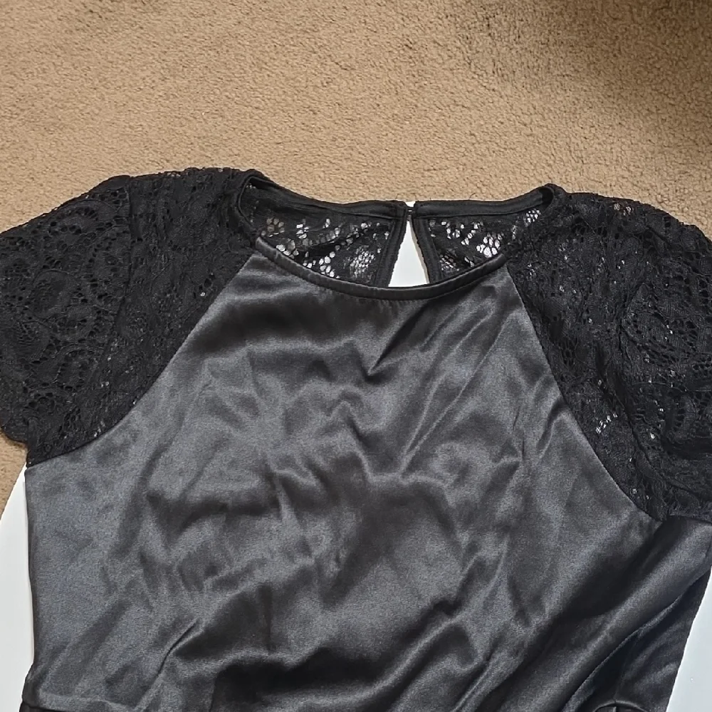 Calvin Klein Black Lace-Sleeve Satin Party Dress